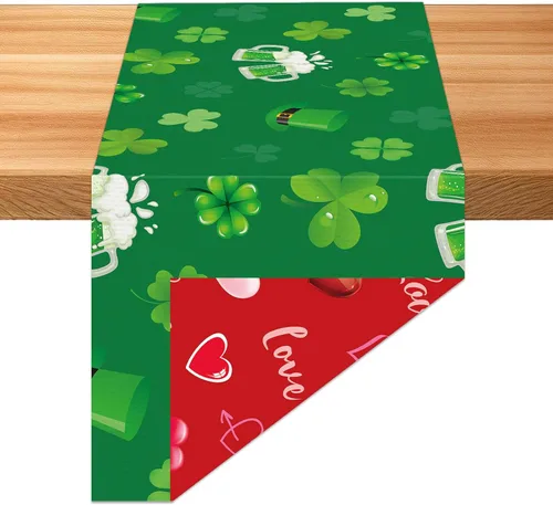 QOUBAI Camino de mesa de lino para el día de San Patricio, camino de mesa para el día de San Patricio, corazón, día de San Patricio, trébol, camino