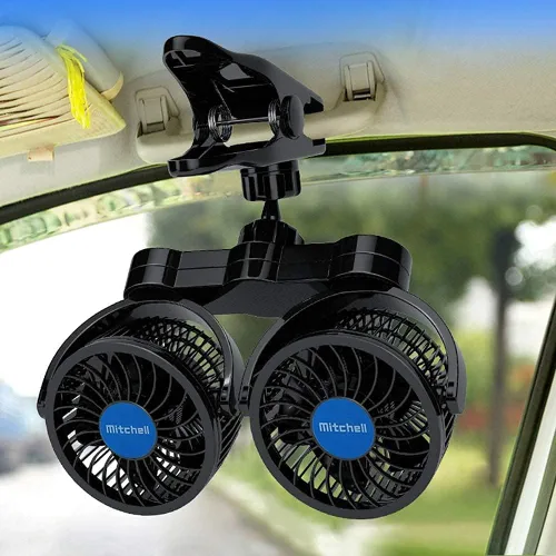 Vista 6 de Ventiladores de clip de coche de 12 V, ventilador de clip de doble cabeza ajustable Ventilador de aire giratorio de 360°, ventiladores eléctricos