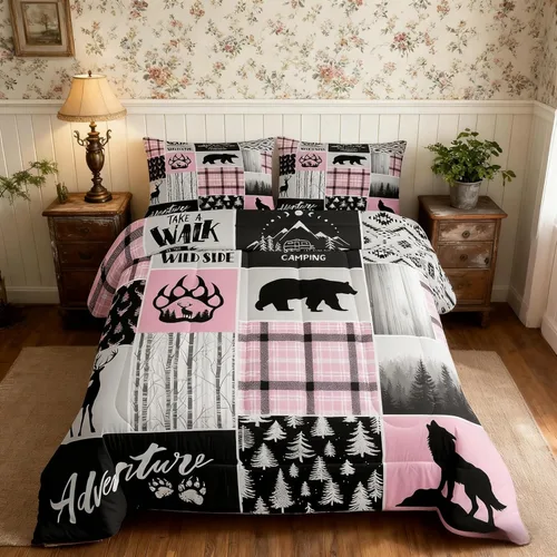 Vista 78 de Manfei Juego de Edredón de Siluetas de Animales con Astas de Ciervo Tamaño Full, Juego de Ropa de Cama de Camuflaje con Cuadros Geométricos de 3
