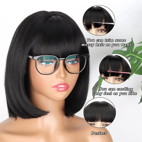 Vista 3 de Pelucas cortas negras con flequillo, pelucas sintéticas rectas de Velma Bob para mujer, peluca corta negra de aspecto natural, resistente al calor