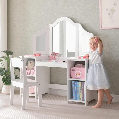 Kovhzcu Tocador de Princesa 2 en 1 para Niños con Almacenamiento y Parte Superior Desmontable, Espejo Tríptico, Tocador para Niñas de 3 a 9 Años