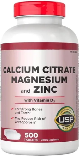 Citrato de calcio de 500 mg con magnesio, zinc y vitamina D3 - Suplemento de fortaleza ósea y apoyo inmunológico - Apoya la contracción muscular y