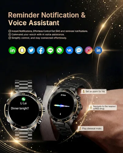 Vista 3 de SOUYIE Reloj inteligente para hombre con llamada Bluetooth, esfera redonda AMOLED de 1.43 pulgadas, bandas de acero inoxidable y silicona de lujo