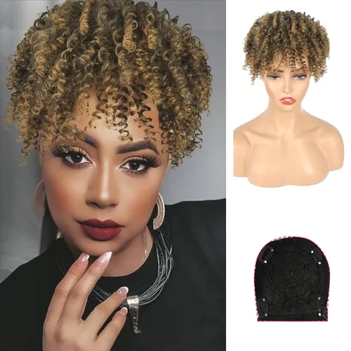Cinhoo Peluca rizada tipo afro para hombre – Toppers y pelucas para hombre con flequillo – Pelucas afro marrones – Peluquín de pelo disco de los