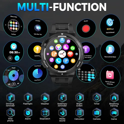 Vista 9 de Reloj inteligente militar para hombre (respuesta/hacer llamadas), reloj inteligente resistente con linterna LED, resistente al agua de 3 ATM