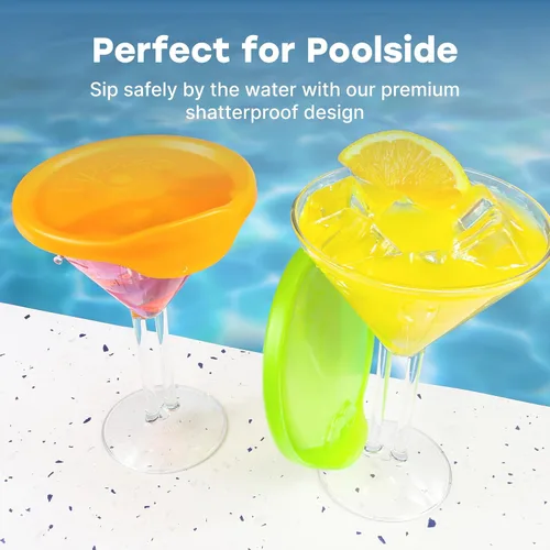 Vista 6 de LipLidz - Vasos de Martini reutilizables, paquete de 4, vasos de plástico sin BPA de doble tallo de 10 onzas con tapa, hechas en Estados Unidos