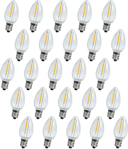 Vista 9 de Paquete de 25 bombillas LED C9 de Navidad, bombilla LED C9 de repuesto para cadena de luces de Navidad, base intermedia E17, 2200 K blanco cálido