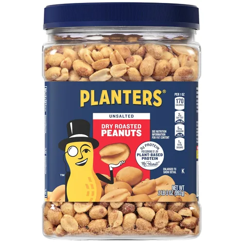 Vista 7 de PLANTERS Cacahuetes tostados secos, tarros de plástico resellables de 34.5 onzas (paquete de 6) – Cacahuetes con sal marina – Snacks de maní