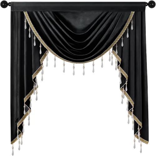 Vista 7 de Cenefas de cortina de terciopelo negro de lujo para sala de estar con cuentas (39 pulgadas, 1 panel)