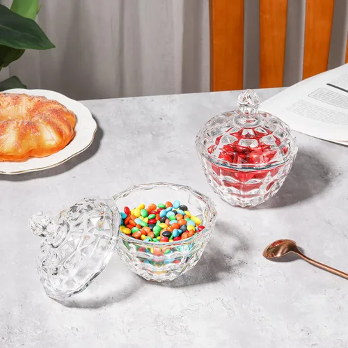 Vista 2 de ComSaf Plato de cristal para dulces con tapa, tarros pequeños de 9 onzas con tapa para escritorio de oficina, plato de dulces cubierto