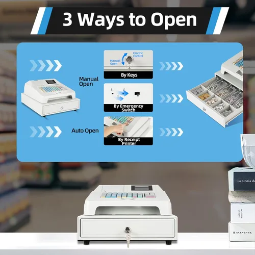 Vista 3 de Caja registradora electrónica con pantalla LED de 48 teclas con bandeja de efectivo extraíble e impresora térmica, caja registradora para pequeñas