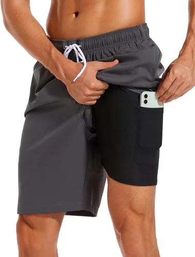 Vista 32 de Difficort - Traje de baño para hombre con forro de compresión, pantalones cortos de secado rápido con bolsillos con cremallera 1-a/ Rayas negras