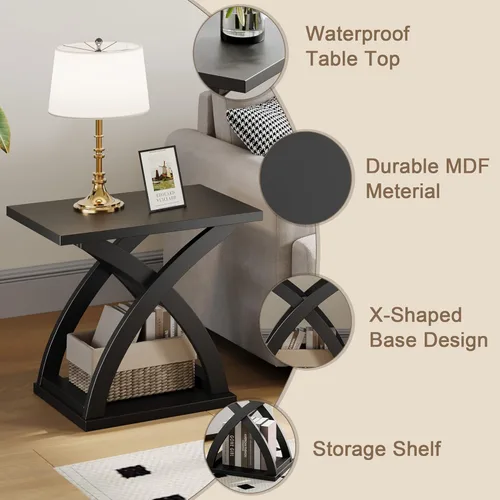 Vista 3 de ChooChoo - Mesa auxiliar lateral, mesa auxiliar moderna con estante de almacenamiento, mesa auxiliar de diseño en X para sala de estar (Negro)