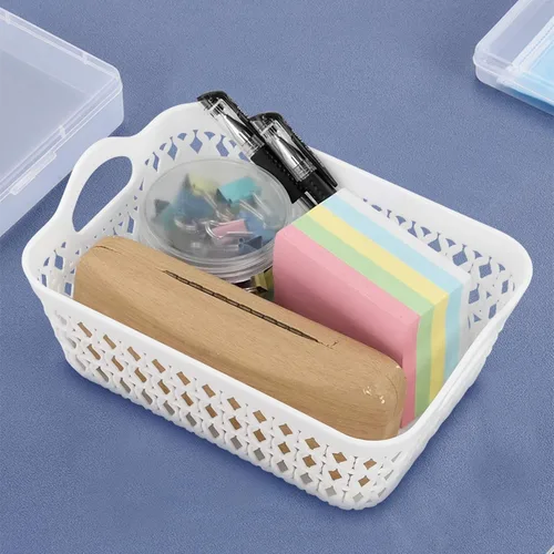 Vista 5 de Sandmovie Pequeñas cestas de almacenamiento de tejido de plástico, cestas de escritorio, color blanco, 12 paquetes