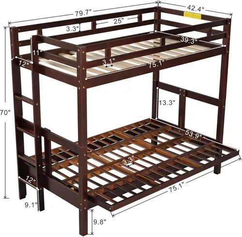 Vista 19 de Elegante litera individual sobre matrimonial con escaleras y barandillas de seguridad, la cama de plumón se puede convertir en sofá cama