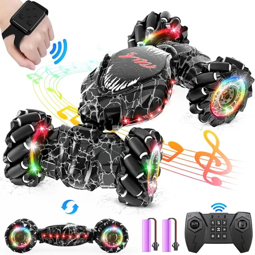 OSIMILY Auto de acrobacias a control remoto, detección de gestos LED de 2.4 GHz, rotación de doble cara 4WD con luces y música, automóvil de deriva