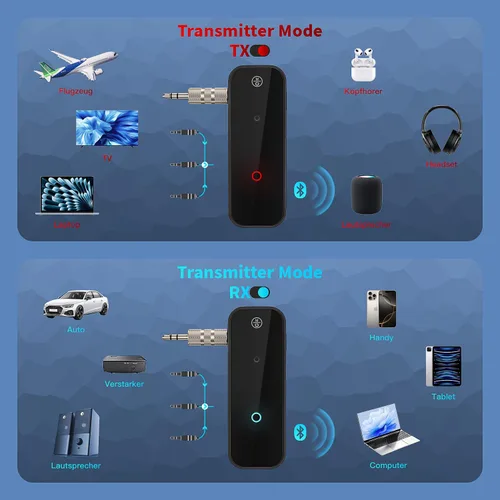 Vista 3 de Adaptador Bluetooth auxiliar portátil de 0.138 in de dientes azules adaptador auxiliar para coche 2 en 1 transmisor receptor inalámbrico Bluetooth