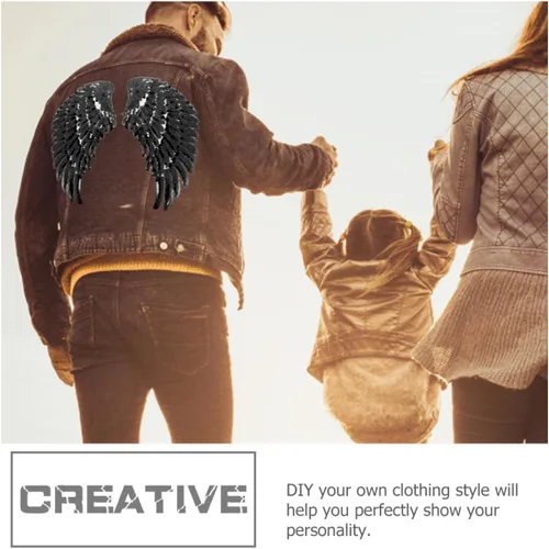 Vista 5 de Sequin Angel Wing Patch 2 Pairs Iron-on Embroidered DIY Clothing Applique for Garment Repair and Decoration, Black Fabric Sewing Accessories for