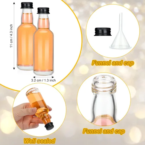 Vista 3 de Didaey 24 botellas pequeñas de licor de vidrio con tapas, pequeñas botellas de vino vacías reutilizables con tapa de rosca negra de aluminio