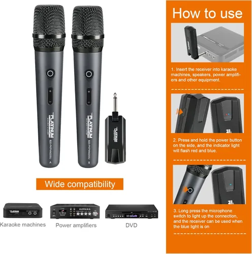Vista 5 de El micrófono inalámbrico platino para entrada de micrófono UHF Metal Dynamic Handheld Micrófono multiusos con receptor recargable Rango de 160 pies