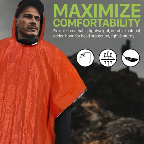 Vista 6 de FosPower Poncho de lluvia impermeable de emergencia (paquete de 4), manta térmica reutilizable, ligero, resistente a la intemperie, impermeable