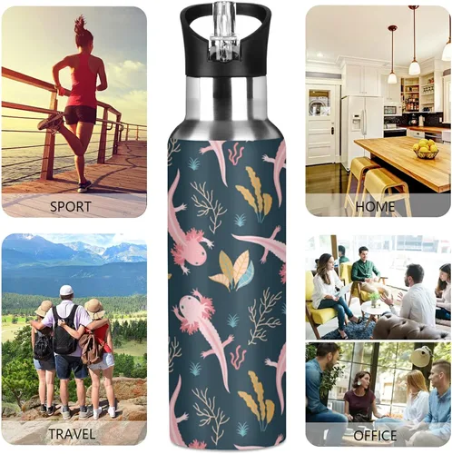 Vista 6 de Mexican Axolotl Sport - Botella de agua deportiva con tapa de pajilla, doble pared aislada al vacío, botella de agua de acero inoxidable de 20 onzas