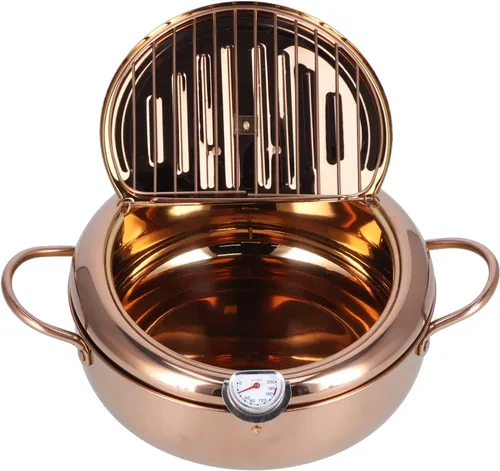 Olla de freidora de 3.4 L, estilo japonés, mini freidora de acero inoxidable con tapa de termómetro y escurridor de aceite para cocina, papas