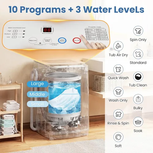 Vista 2 de VCJ Lavadora portátil de 17 libras, lavadora de carga superior completamente automática con 10 ciclos de lavado, 3 niveles de agua y pantalla LED