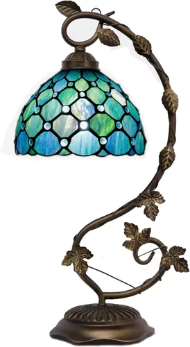 Tiffany Lamp Stained Glass Table Lamp Metal Leaf Desk Reading Light 8X10X21 Inch Decor Small Space Bedroom Home Office (Sea Blue Pearl)