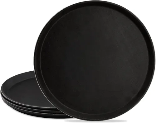TOPZEA Paquete de 4 bandejas redondas de 14 pulgadas para servir restaurante, bandejas negras con forro de goma antideslizante de fibra de vidrio,