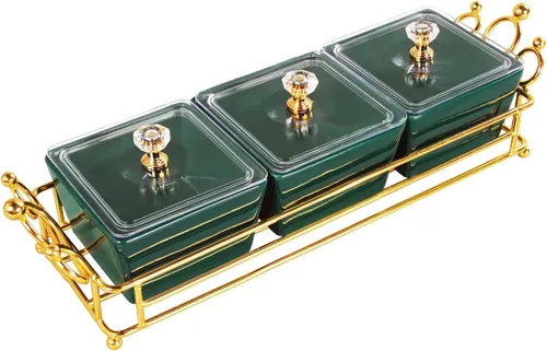 YA JU Cuencos de Cerámica con Tapa y Bandejas de Canasta Dorada, 3 Cuencos Pequeños Extraíbles Bandejas para Condimentos Juego para Servir Frutos