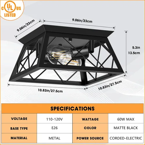 Vista 2 de FadimiKoo Lámpara de techo empotrada negra de 2 luces, lámpara de techo industrial para cocina de granja, lámpara de techo de jaula cuadrada