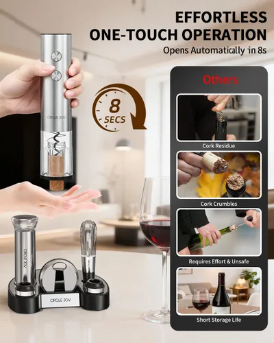 Vista 2 de CIRCLE JOY Juego de abridor eléctrico de botellas de vino de acero inoxidable, recargable, 8 en 1, juego de regalo de vino con base de carga