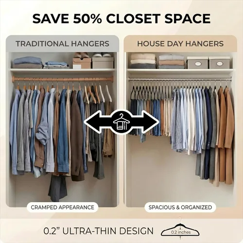 Vista 4 de HOUSE DAY - Paquete de 20 perchas negras de plástico - Perchas resistentes sin terciopelo con gancho giratorio de cromo de 360° y muescas