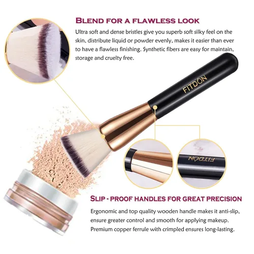 Vista 3 de FITDON Brocha para base y polvo, 2 brochas profesionales de maquillaje Kabuki con parte superior plana para líquido, crema y polvo