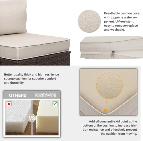 Vista 5 de WAROOM Outdoor Patio Furniture Set 7 Pieces Wicker Sectional Sofa Brown Rattan Conversation Couch with Coffee Table, Anti-Slip Thick Beige Cushion