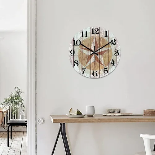 Vista 5 de Reloj de pared rústico de estilo rústico con estrella de Texas occidental, estilo antiguo, reloj de madera silencioso sin tictac, funciona
