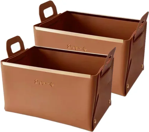 Vista 14 de Cesta decorativa de piel sintética, cesta pequeña para entrada, mesita de noche, cómoda, caja organizadora rectangular plegable (marrón)