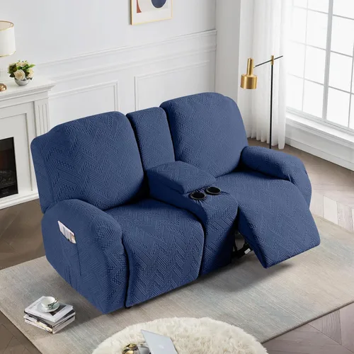 Vista 7 de Ruaozz - Fundas elásticas para sofá reclinable biplaza con consola, 4 piezas de fundas para sofá reclinable con bolsillos, fundas de jacquard