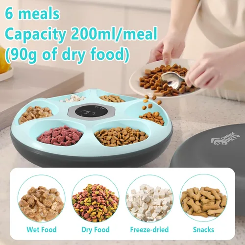 Vista 2 de Ownpets Comedero automático para gatos para alimentos húmedos y secos, con 2 paquetes de hielo, 6 comidas programable, alimentador automático Negro