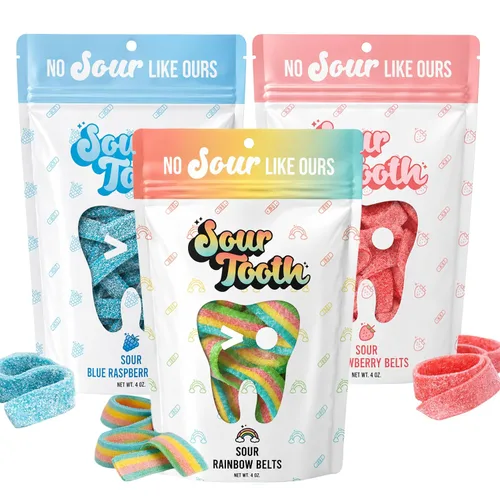 Vista 12 de Sour Tooth Cinturones de fresa, tiras de caramelo de gomitas ácidas masticables, paquete de 6, 4 onzas Soft & Chewy Strips, Sour Candy Bulk, Bulk