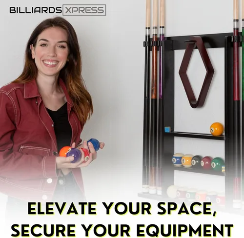 Vista 6 de Pool Cue Rack - Pool Stick Holder Wall Mount With 16 Ball Holders & 6 Pack Of Chalk - Rubber Circle Pads & Large Clips Prevent Damage - Billiard