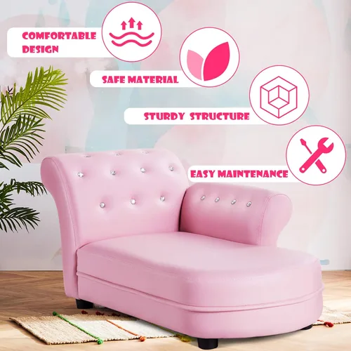 Vista 5 de INFANS Sofá para niños, sofá para niños pequeños con cuero de PVC y cristal incrustado, sillón de princesa rosa, tumbona larga tapizada para bebé