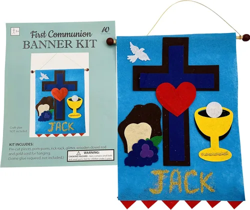 Vista 2 de Westmon Works Kit de pancartas de primera comunión para niños o niñas, paquete de manualidades católicas, juego de decoración de bancos