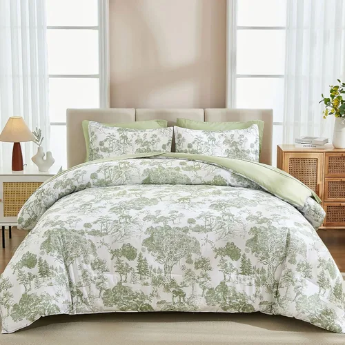 Vista 15 de DJY Juego de edredón de cama Queen en negro, 7 piezas de edredón negro y blanco tamaño Queen con elegante impresión de plantas botánicas