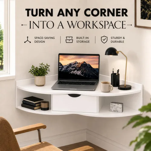 Vista 4 de Mesa plegable de pared con cajón, ahorro de espacio flotante Blanco