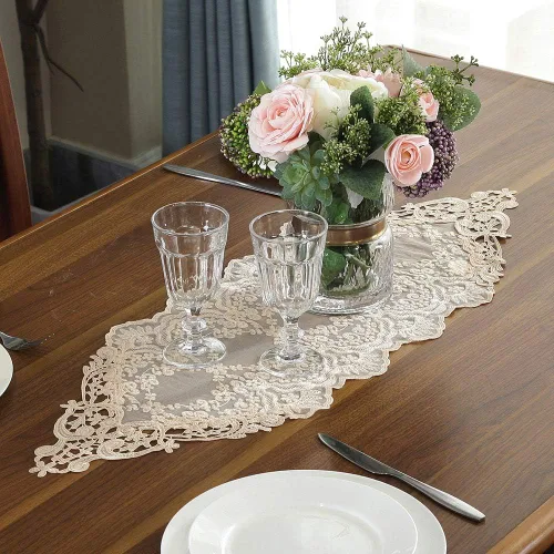 Vista 9 de ARTABLE Camino de mesa rectangular bordado de macramé de encaje con exquisito estilo vintage desgastado chic para mesas largas de cena de boda