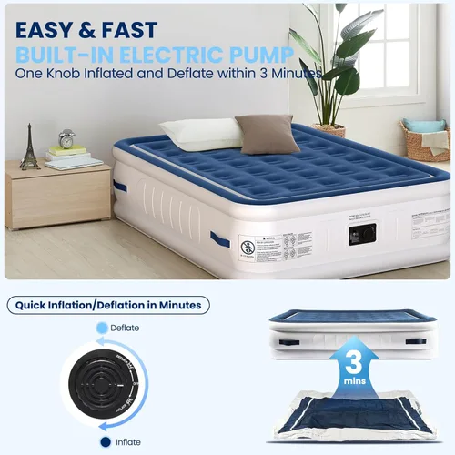 Vista 6 de KINGJERRY colchón de aire Queen con bomba incorporada, 4 asas portátiles, 18" de elevación para mayor comodidad, probado para evitar fugas, diseño