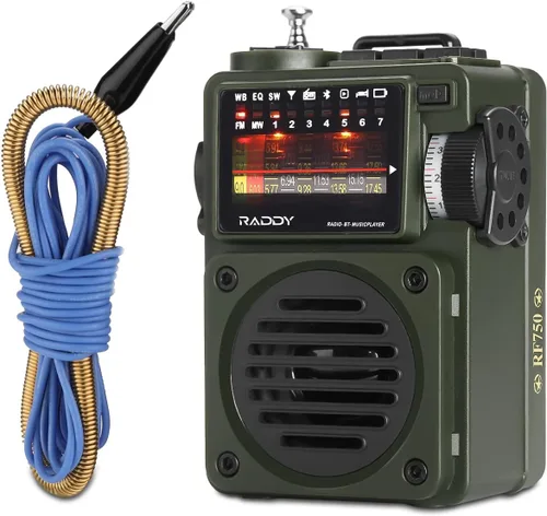 Raddy RF750 Radio portátil de onda corta AM/FM/SW/WB receptor con alertas NOAA - Mini radio retro de bolsillo recargable, con antena de cable de
