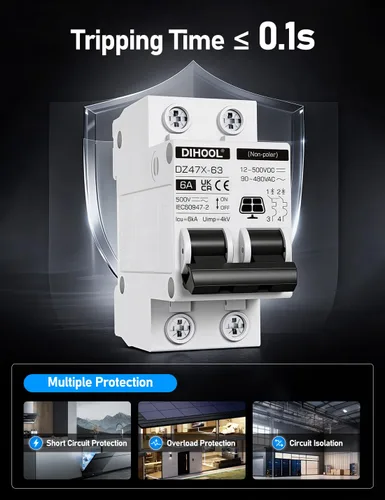 Vista 6 de DIHOOL Interruptor de desconexión solar, 6 Amp 2 polos, Montaje en carril DIN, No polarizado, 12V 24V 48V 400V, Disyuntor AC/DC, Aislador de batería